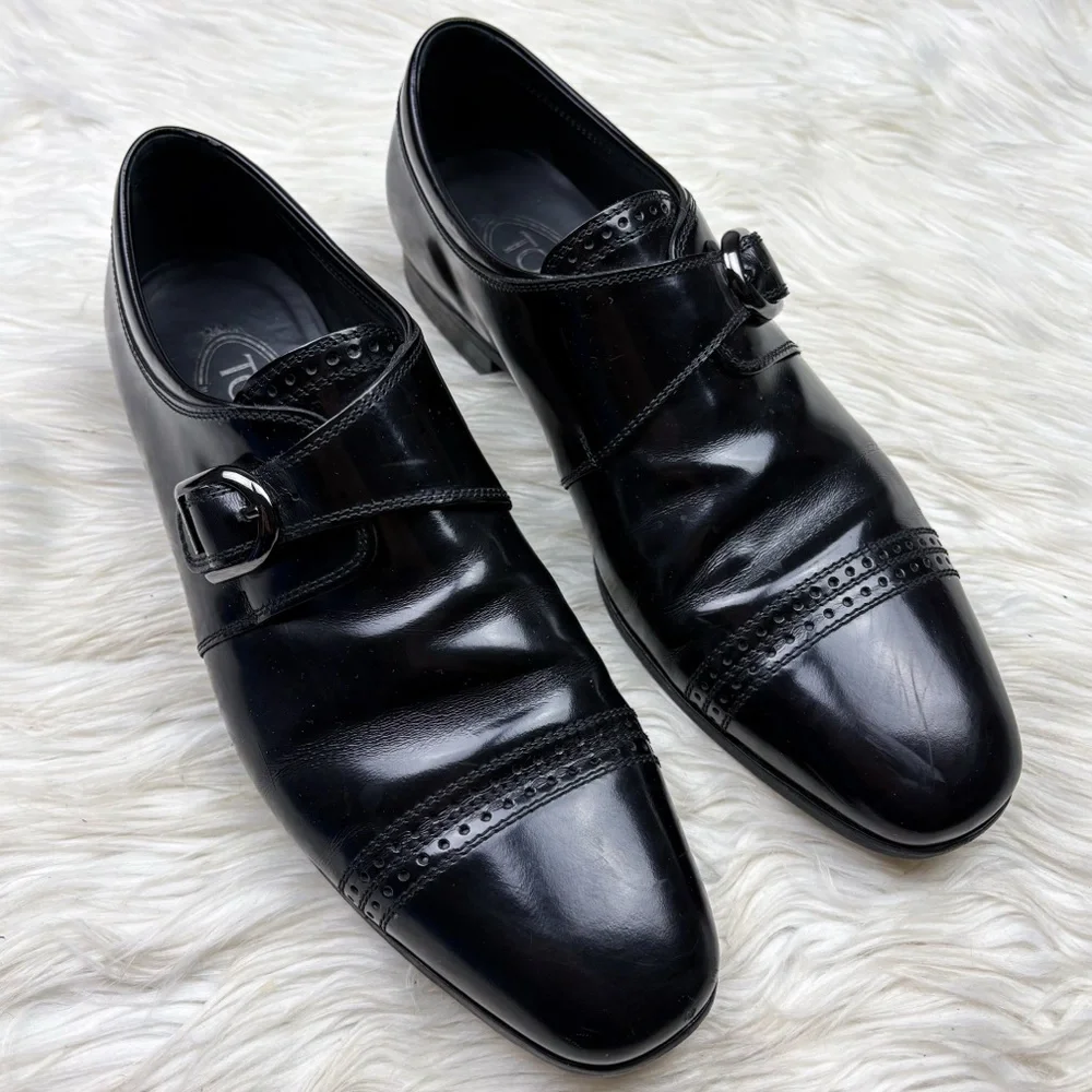 Tods Leather Monk Strap Shoe Shiny Black Mens Size 8 Almond Toe Oxford Buckle